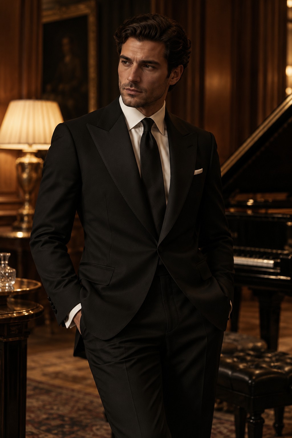 Dark formal tailoring and crisp shirt details